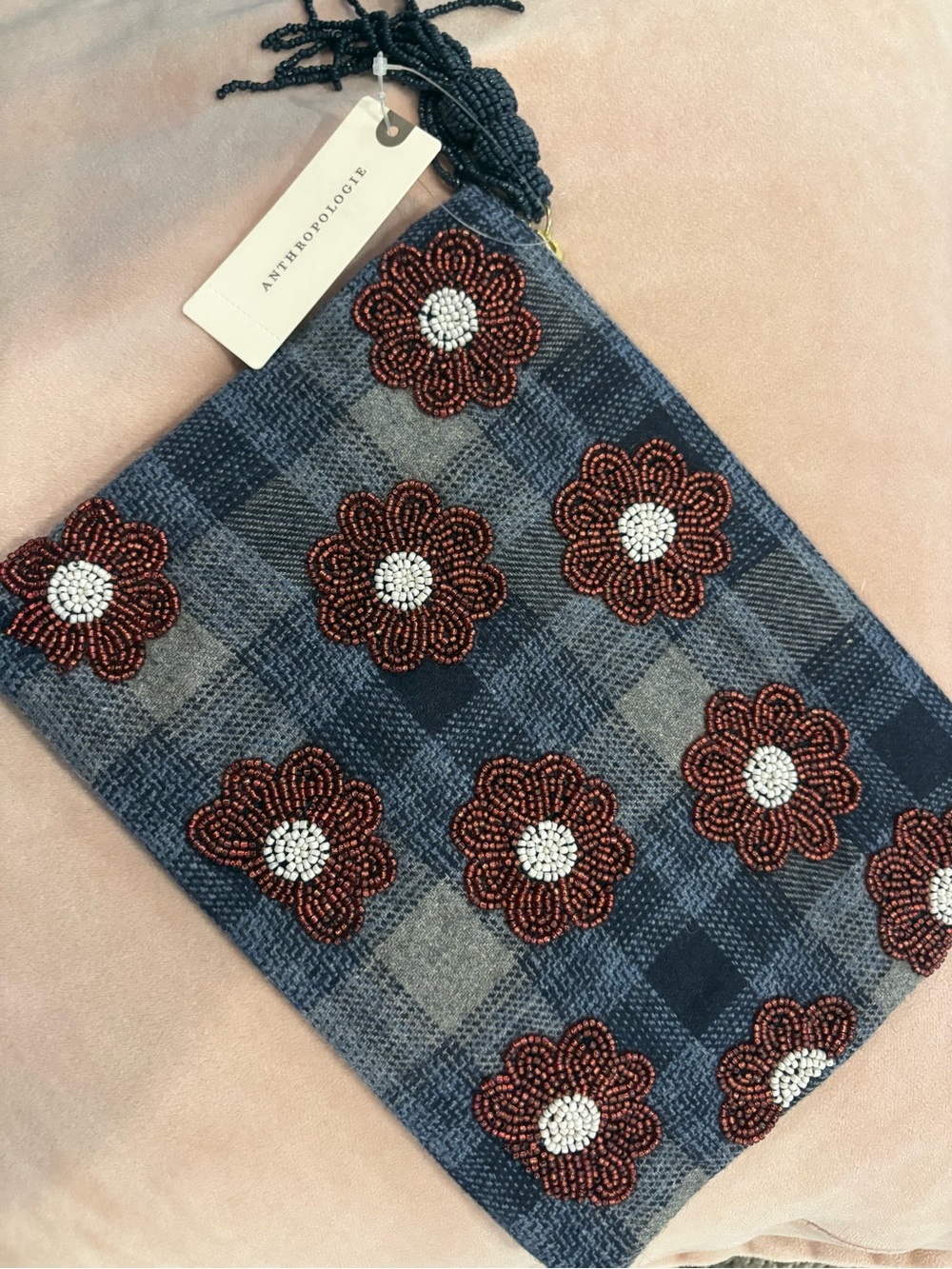 Anthropologie Beaded Floral Plaid Wristlet - Dark Blue & Rust